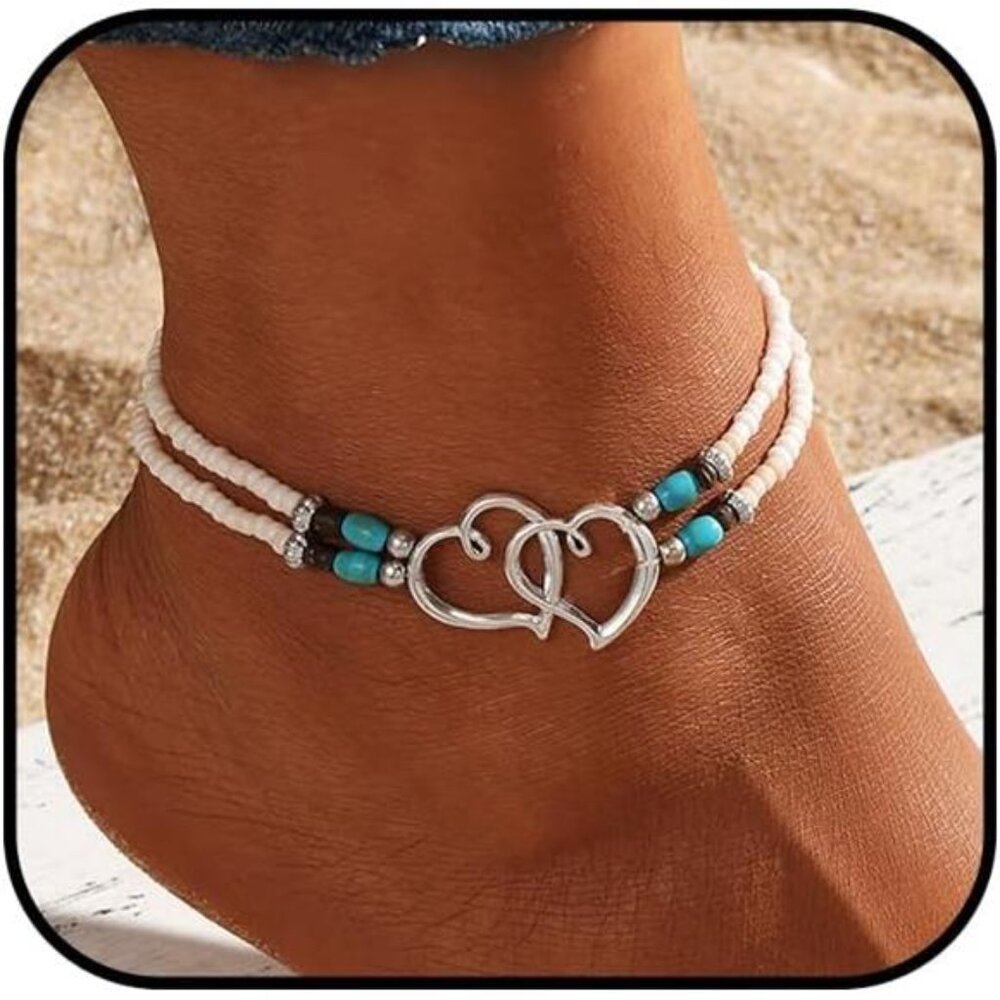 Elastic Beaded Ankle Bracelet for Women Double Hollow Hearts Stretch Anklet